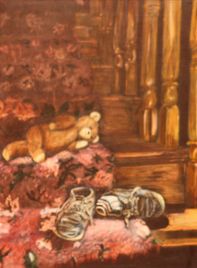 A teddy bear and shoes on stairs