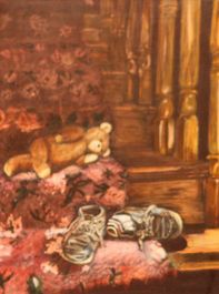 A teddy bear and shoes on stairs