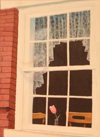 Looking into a window with a flower