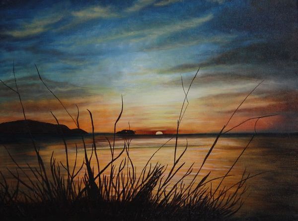 Painting of a sunset over a pacific island bay